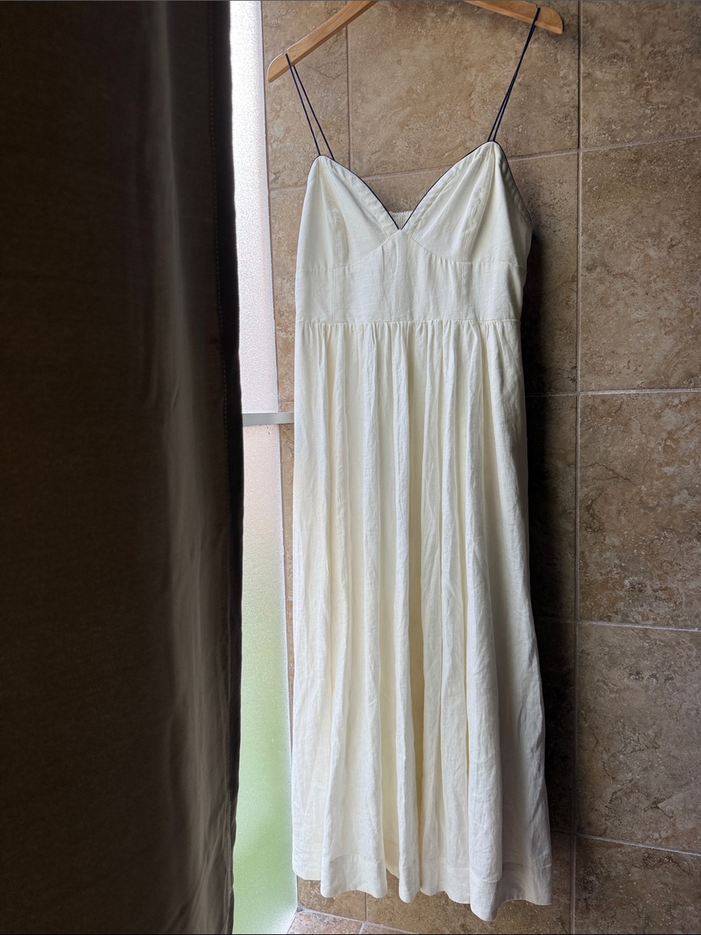 Maeve Linen Midi Dress White Navy Contrast Seamed Anthropologie Pockets Smocked - Picture 2 of 16